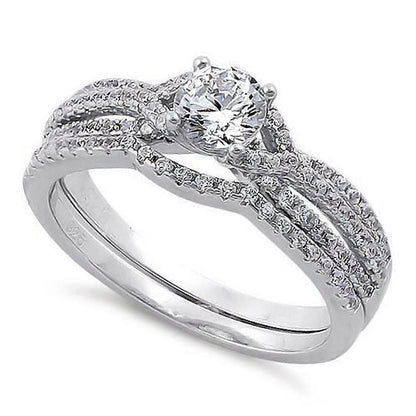 BINIZA Sterling Silver Round Engagement Set Clear CZ Ring