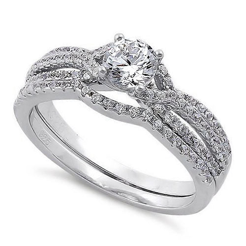 BINIZA Sterling Silver Round Engagement Set Clear CZ Ring