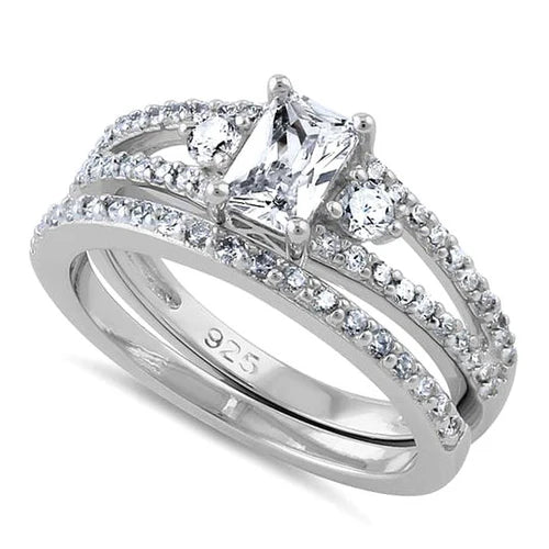 ELLUNEY Sterling Silver Clear Cut CZ Wedding Set Ring