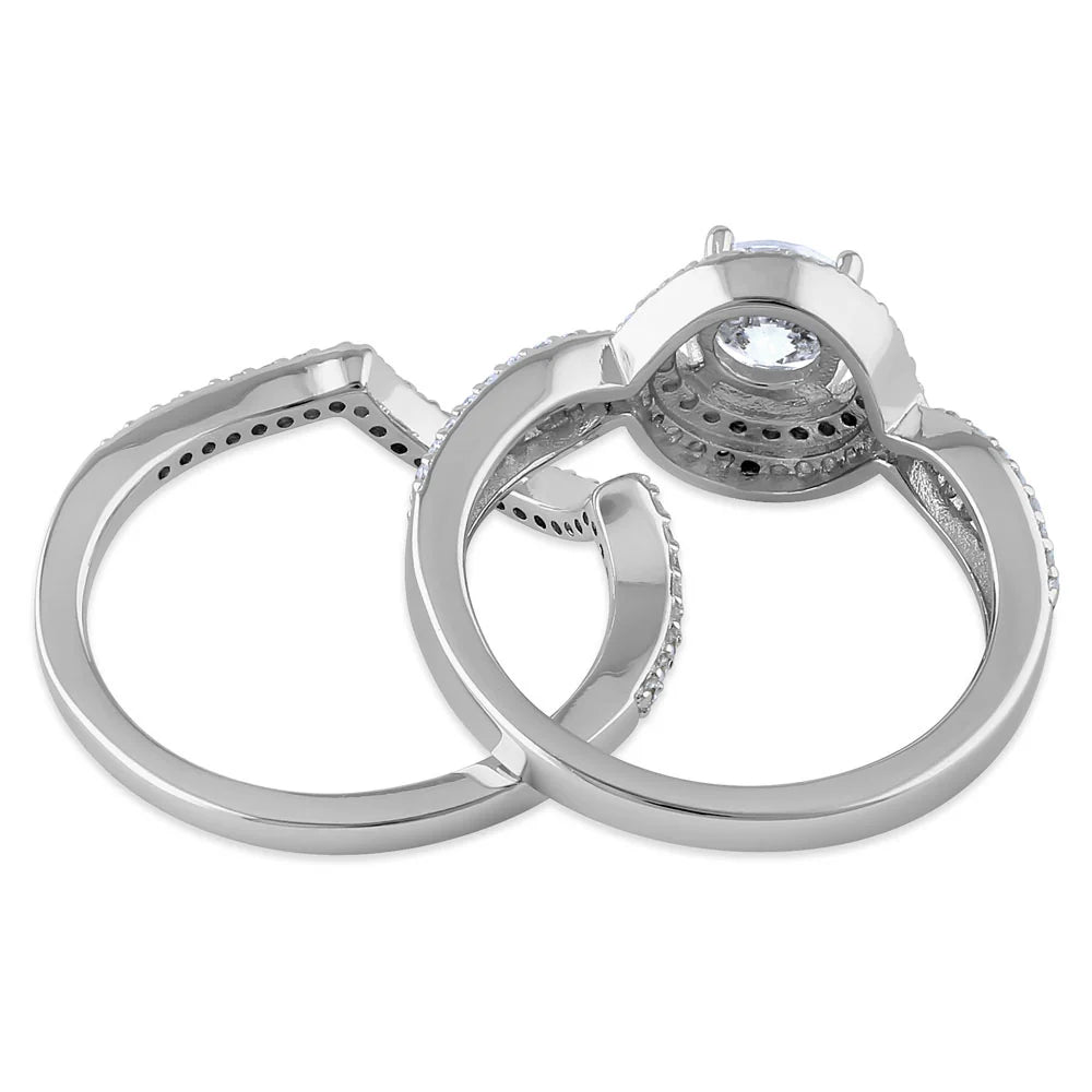 HAYLLI Sterling Silver Halo CZ Wedding Set Ring