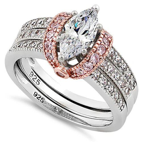 ILLARY Sterling Silver Two-tone Rose Gold Plated Clear Marquise CZ Set Ring