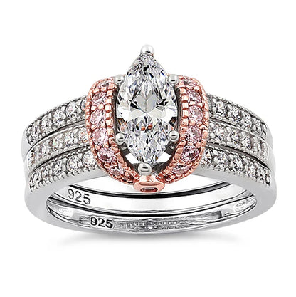 ILLARY Sterling Silver Two-tone Rose Gold Plated Clear Marquise CZ Set Ring