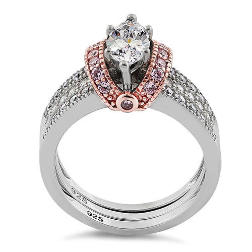 ILLARY Sterling Silver Two-tone Rose Gold Plated Clear Marquise CZ Set Ring