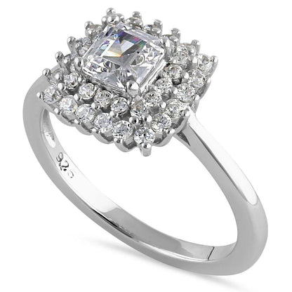 INTI Sterling Silver Halo Cluster Square and Round Cute Clear CZ Engagement Ring