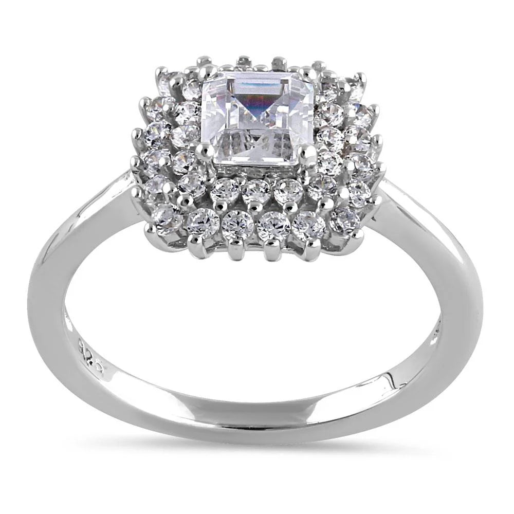 INTI Sterling Silver Halo Cluster Square and Round Cute Clear CZ Engagement Ring