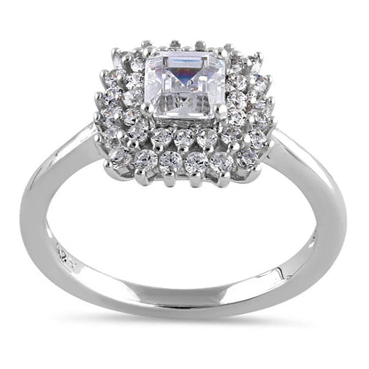 INTI Sterling Silver Halo Cluster Square and Round Cute Clear CZ Engagement Ring