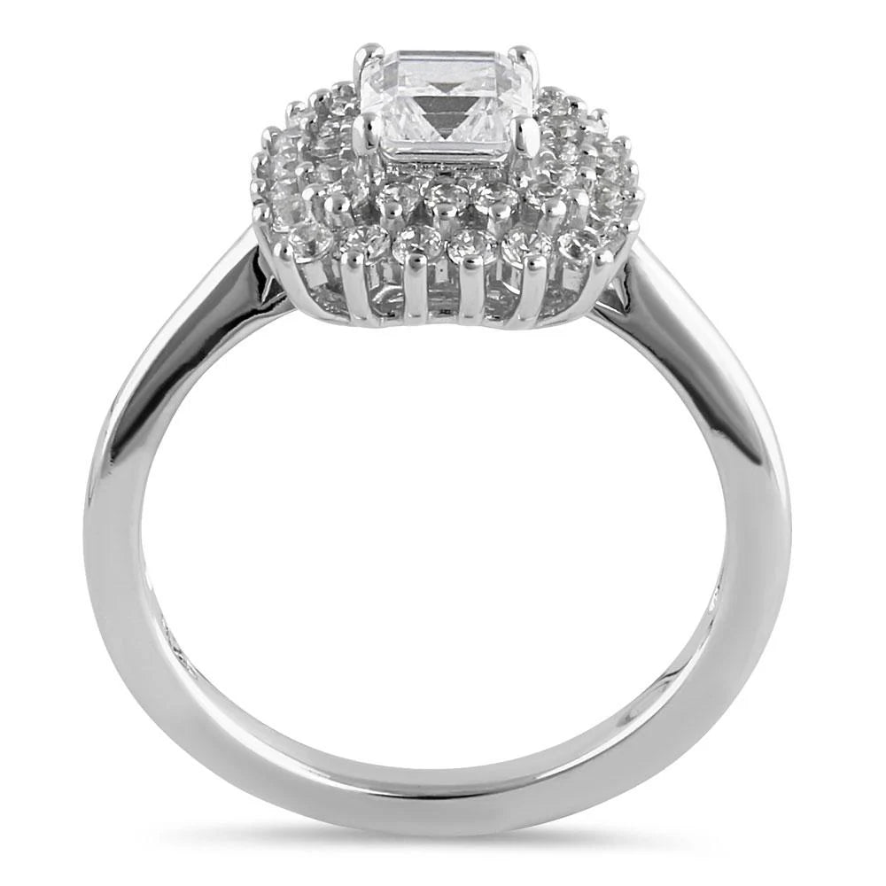 INTI Sterling Silver Halo Cluster Square and Round Cute Clear CZ Engagement Ring