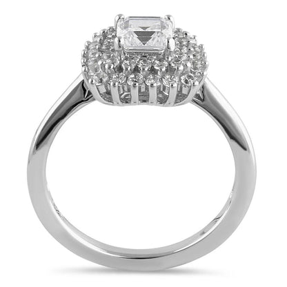 INTI Sterling Silver Halo Cluster Square and Round Cute Clear CZ Engagement Ring