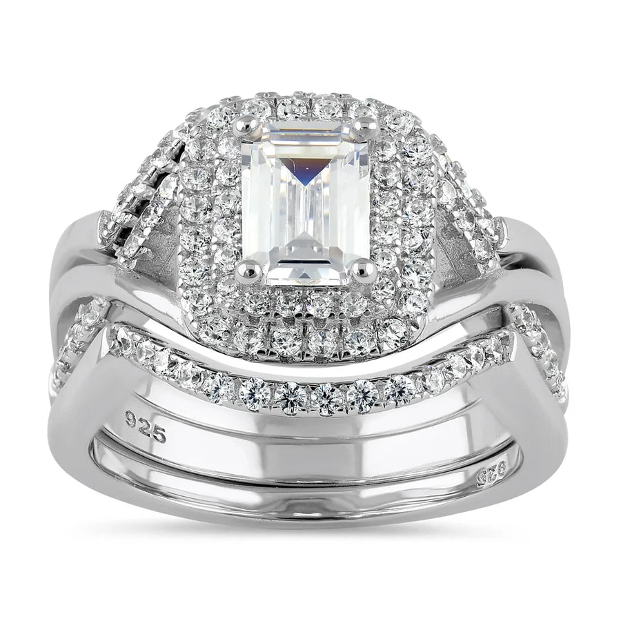 ERANDI Sterling Silver Emerald Cut CZ Halo Engagement Set Ring