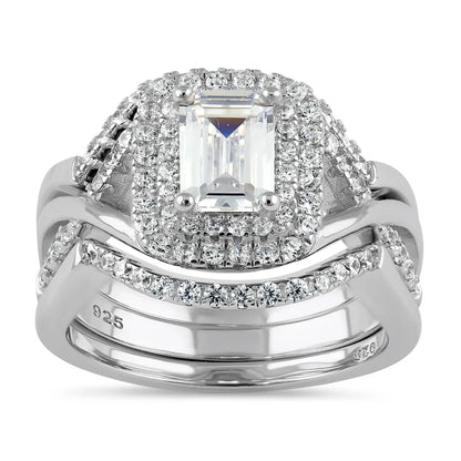 ERANDI Sterling Silver Emerald Cut CZ Halo Engagement Set Ring