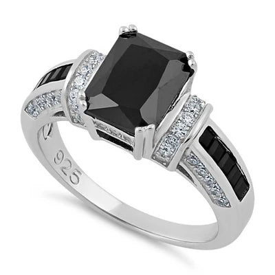 MALEN Sterling Silver Black Emerald Cut CZ Ring