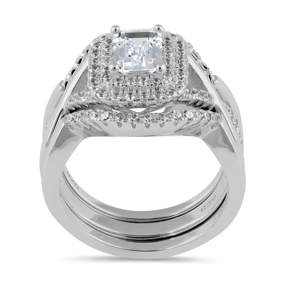 ERANDI Sterling Silver Emerald Cut CZ Halo Engagement Set Ring