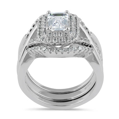 ERANDI Sterling Silver Emerald Cut CZ Halo Engagement Set Ring