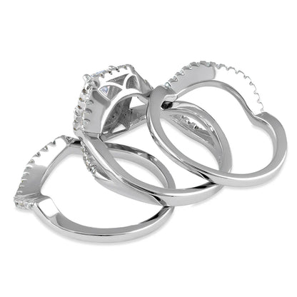 ERANDI Sterling Silver Emerald Cut CZ Halo Engagement Set Ring