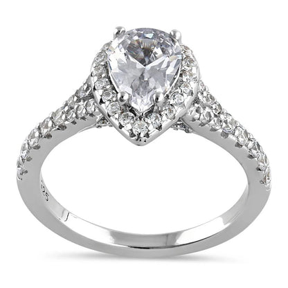 LITZA Sterling Silver Elegant Victorian Pear Cut Halo Clear CZ Engagement Ring